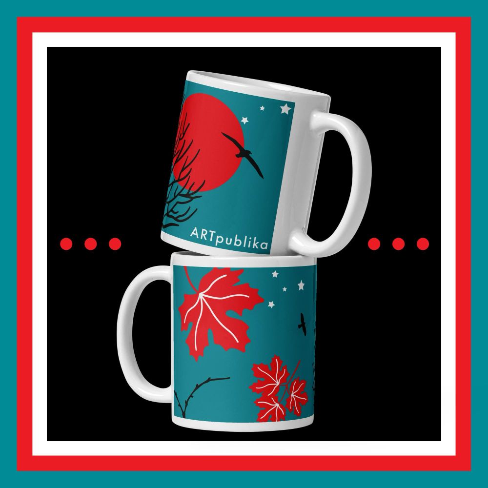Stacked Fall Foliage Glossy Mug from The ARTpublika Shop on branded background | Design by Liz Publika 