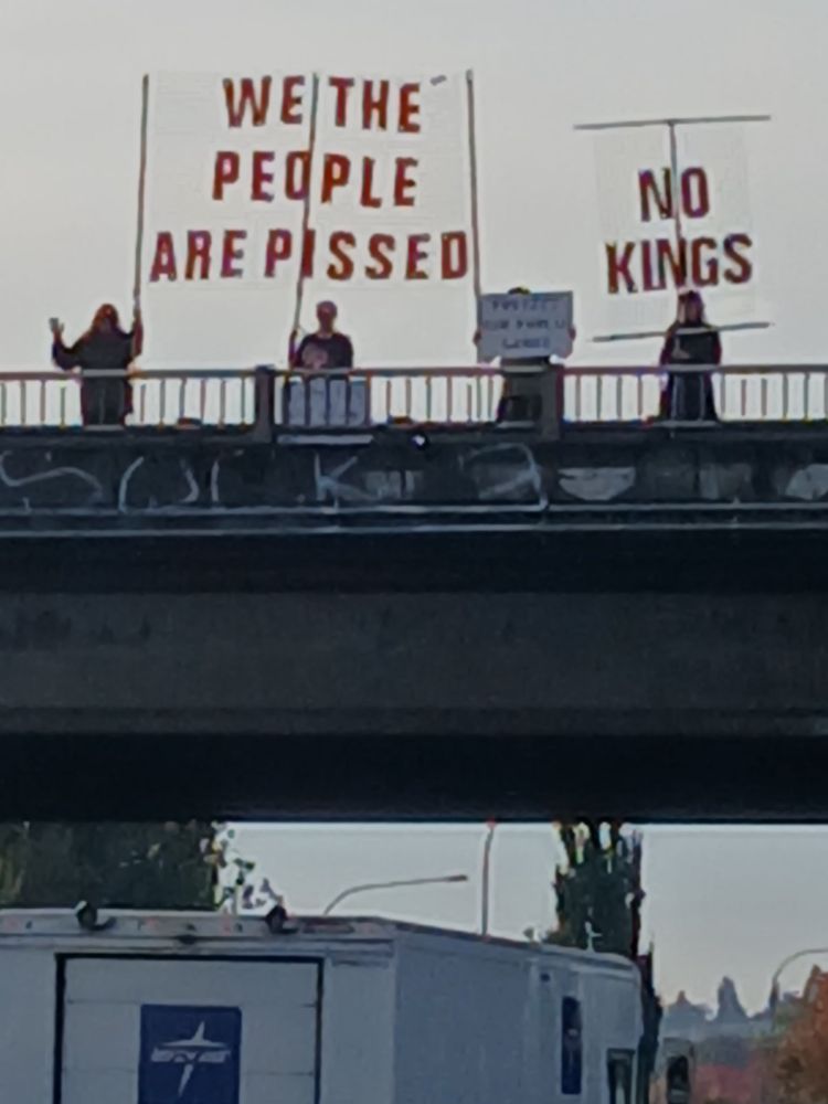Protesters on a highway overpass hold signs that say “we the people are pissed” and “no kings”