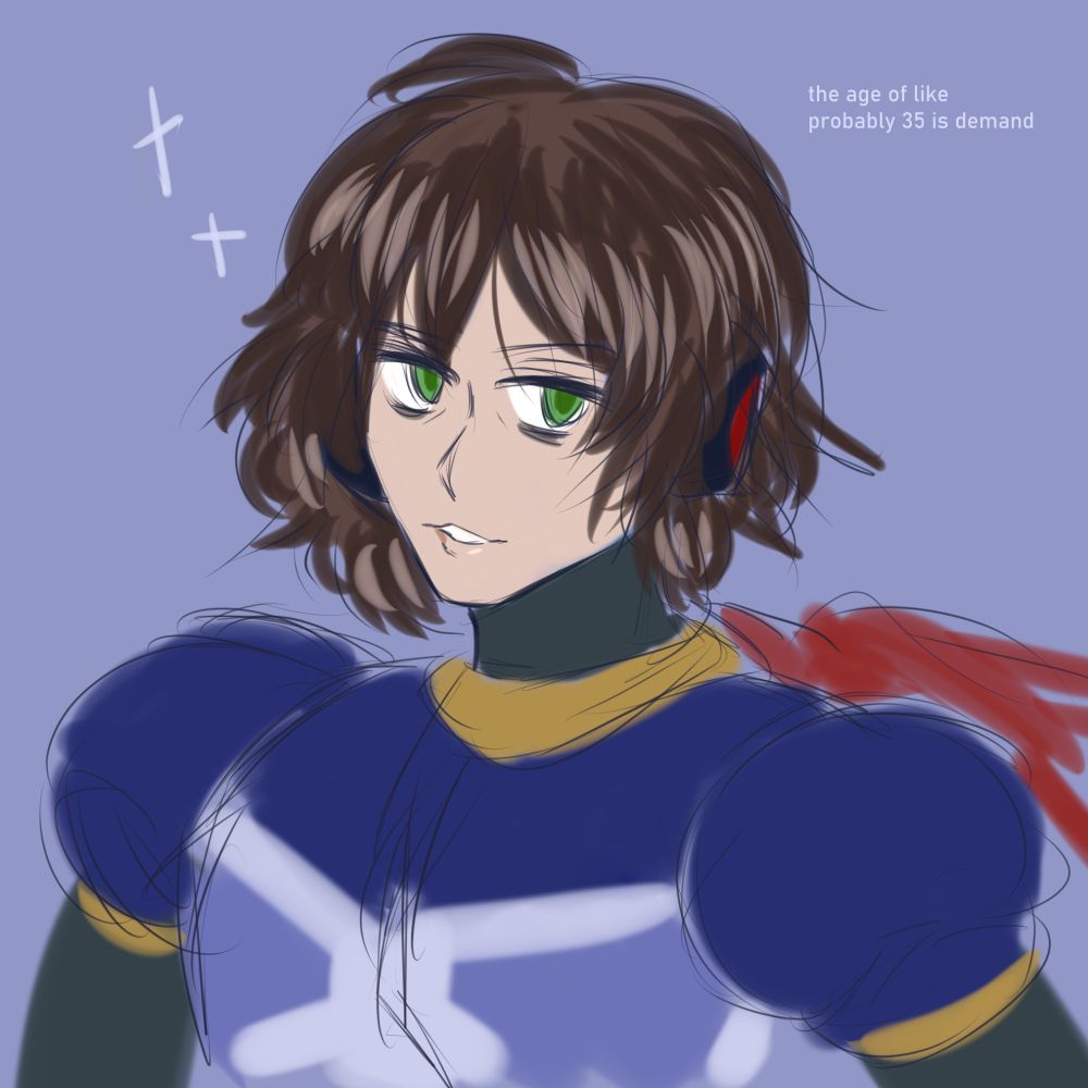 colour sketch of x (megaman x) but with bob length, shaggy and slightly wavy hair and light bags under his eyes and subtle crows feet. hes in command mission armour and smiling softly. text on image reads: the age of probably like 35 is in demand. 

#megaman #megamanx #rockman #rockmanx 