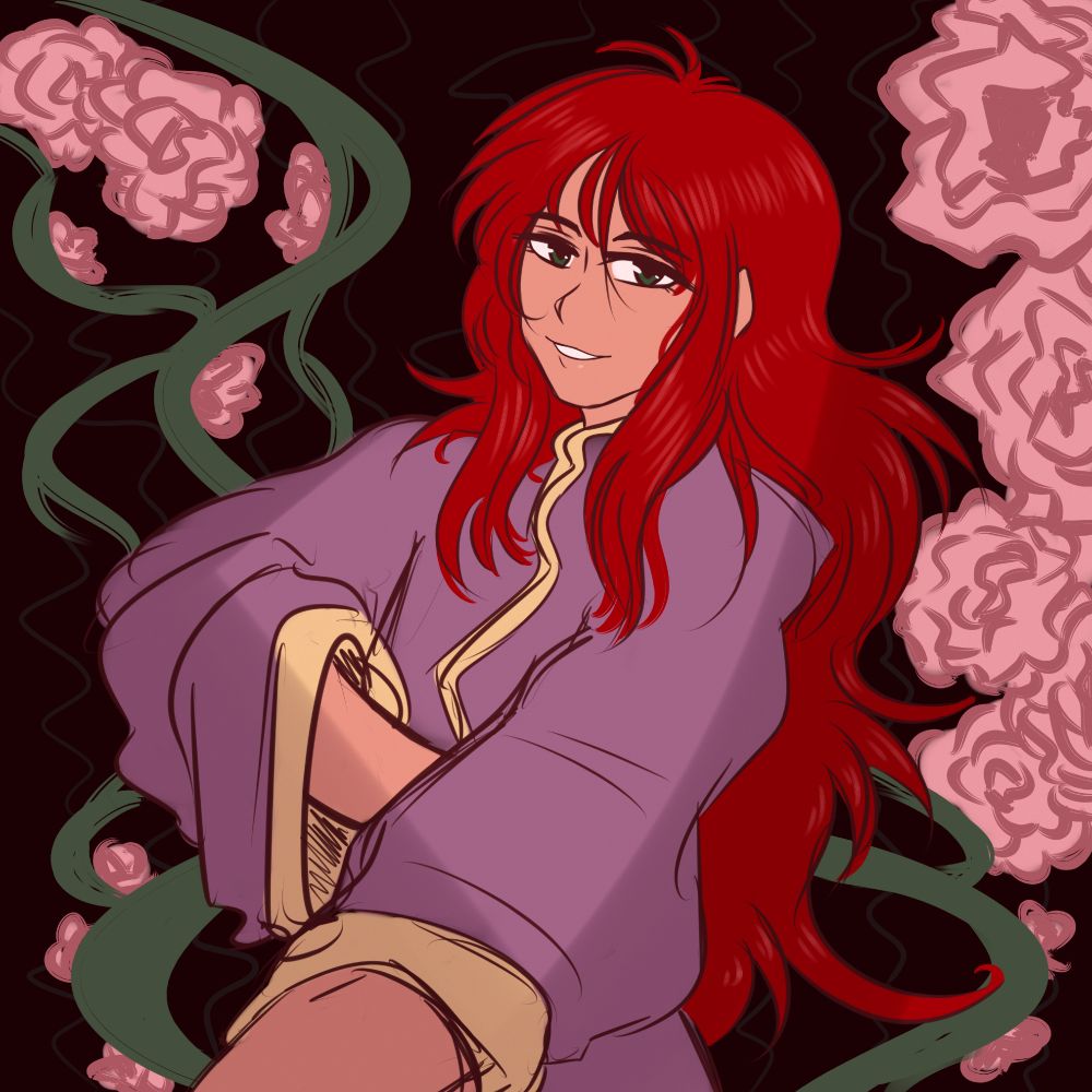 somewhat sketchy kurama from yu yu hakusho that sort of resembles a woodblock print. his hair is arranged nicely and there are roses and vines in the background. he is smiling softly. #yuyuhakusho  