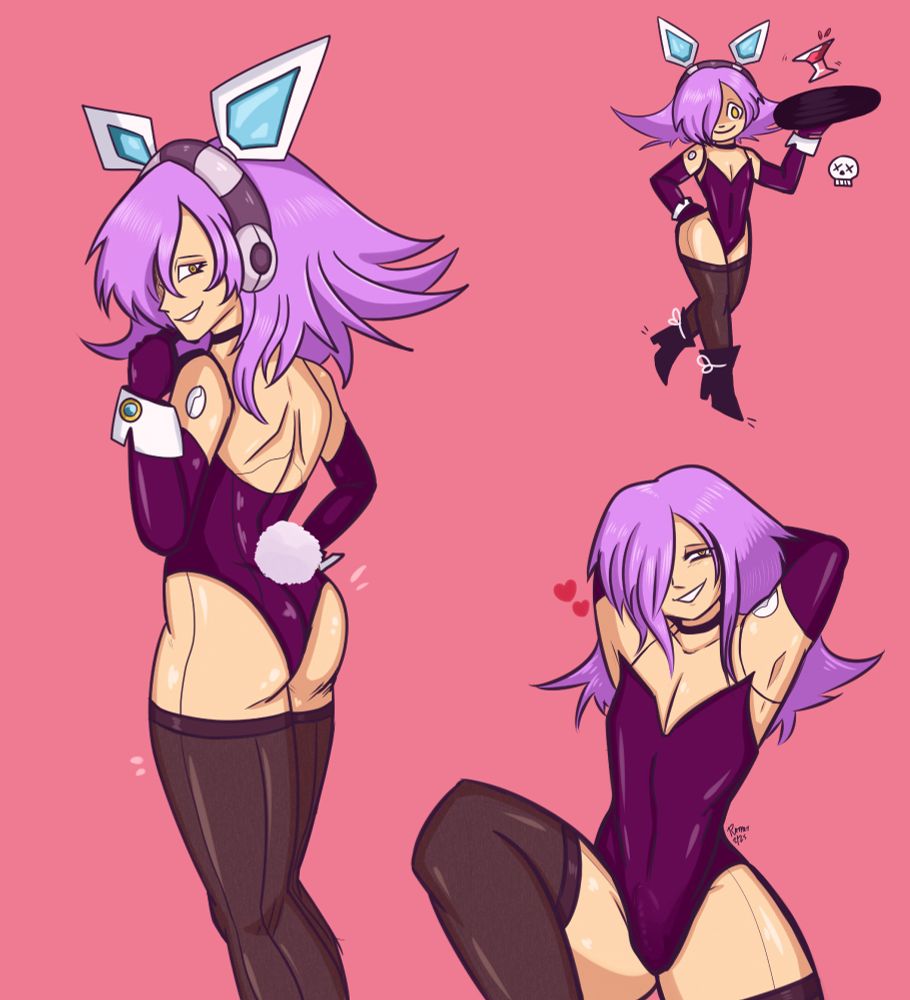 three drawings of lumine from megaman x wearing a bunny outfit with thigh stockings, long gloves with dress shirt cuffs, robotic bunny ears and a choker. the first drawing he is looking at the viewer, his ass is prominent. in the second drawing he is looking at the viewer suggestively, little hearts symbolise his intentions, he is no longer wearing the bunny ears and his hair is dishevelled. his thighs are prominent. the third drawing is chibi style, he also sports a pair of ankle boots with small bows, he carries a tray with a definitely, totally not poisoned drink.