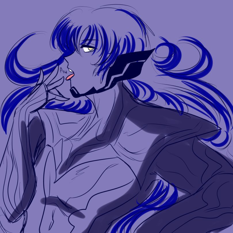 a sketch of nahobino from shin megami tensei, the drawing is predominantly blue, save for his eyes and mouth. his hair frames him. he has his tongue stuck out and he is beckoning the viewer to do.... Something to it
