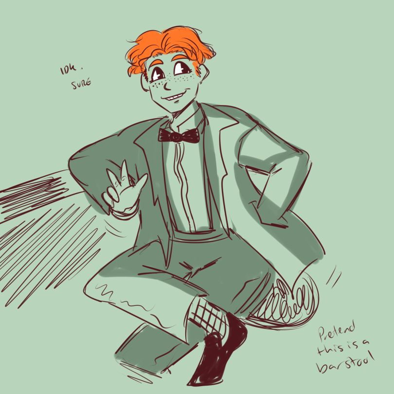 superman's pal jimmy olsen. i tried to make him look nebulously 70s anime. hes smiling, spinning on a bar stool and giving the viewer a peace sign.