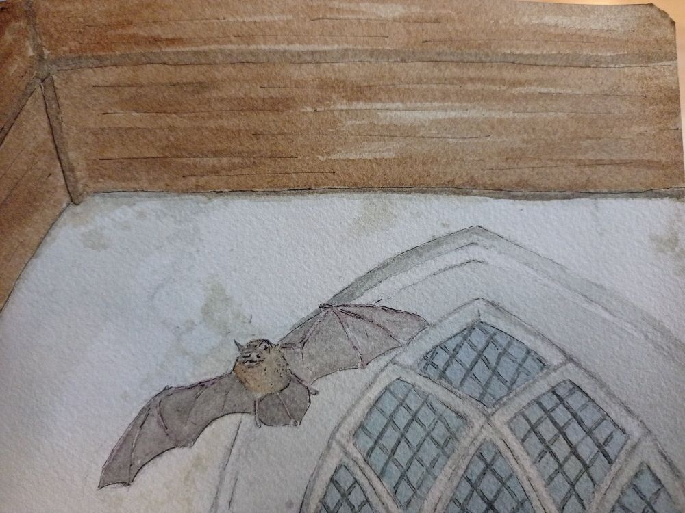A dusky painting of a flying soprano pipistrelle bat in a church near an arched glass window and wooden ceiling 