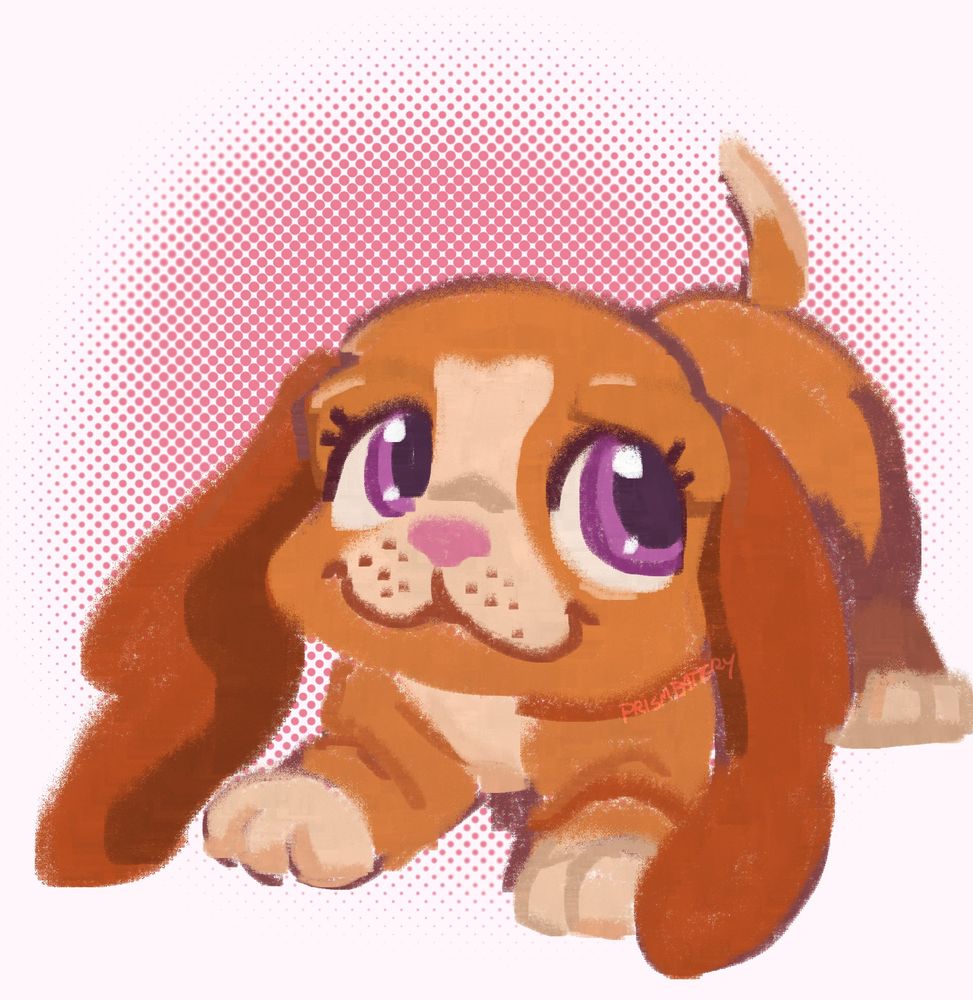 illustration of a basset hound puppy littlest pet shop. she has purple eyes and an orange-brown coat with a tan face marking and darker ears. She is play bowing with her tail up in the air playfully.