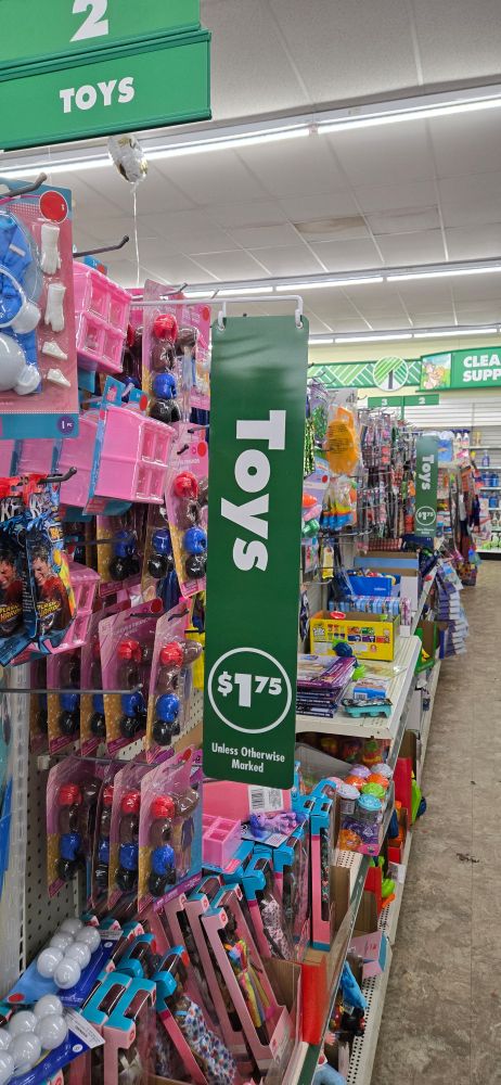 Picture of toy aisle with sign saying toys $1.75.