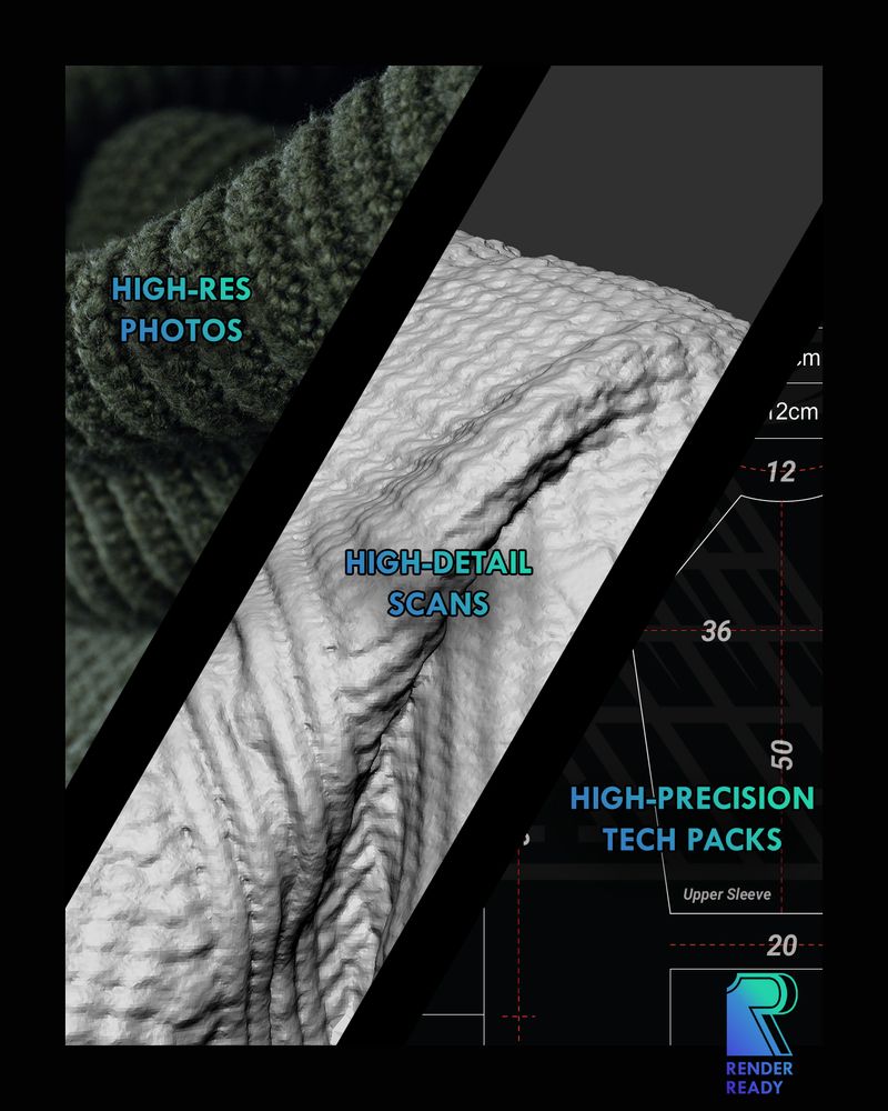 A graphic in three sections showing close-ups of a dark green sweater in photo, 3D scan, and tech pack