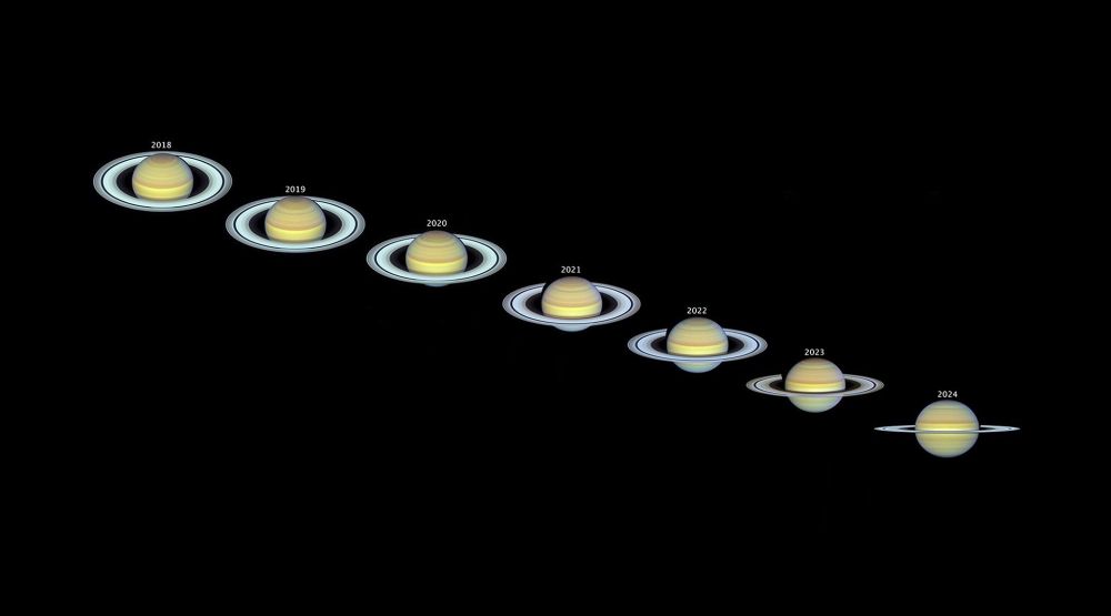 Sieben Bilder von Saturn mit seinen Ringen über die Jahre hinweg aus irdischer Perspektive aufgenommen. Deutlich zu erkennen: Von Jahr zu Jahr ändert sich unser Blickwinkel, indem wir nicht mehr schräg von oben auf die Ringe blicken, sondern immer mehr seitlich auf ihren Rand. Da die Ringe zwar viele hunderttausend Kilometer weit ins All reichen, dabei aber nur zehn bis hundert Meter dick beziehungsweise eben dünn sind, sind sie in der sogenannten Randstellung praktisch unsichtbar - als ob man auf den Rand einer Schallplatte schaut. Hinter der sich verändernden Perspektive steckt ein etwas kompliziertes Stück Himmelsmechanik, das mit der zur Bahnebene geneigten Achse von Saturn und der daraus folgenden schrägen Stellung der Ringe zu tun hat.  