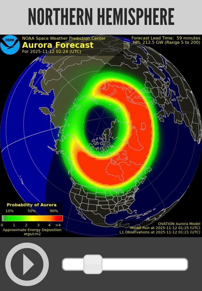 Screenshot einer Animation der Nordhalbkugel der Erde mit roten, gelben und grünen Regionen, was die Wahrscheinlichkeit von Sichtungen anzeigt 