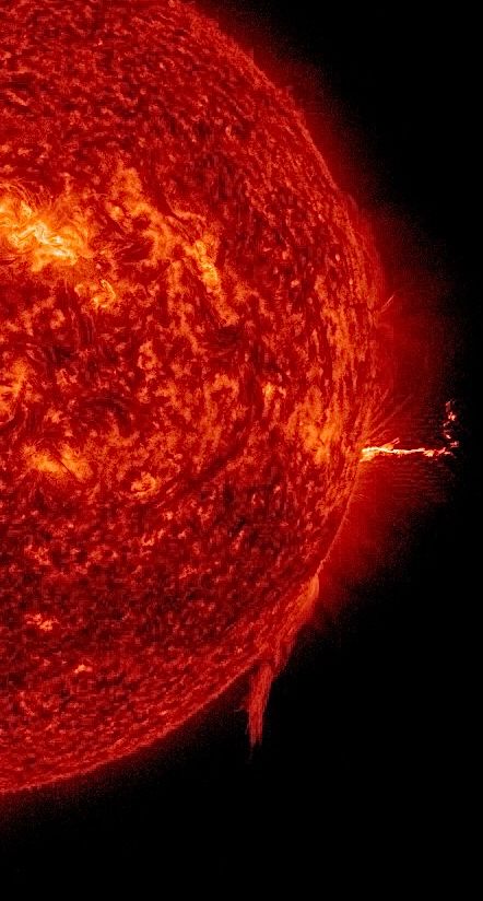 Der rechte Rand der Sonne in orangeroter Farbe mit zwei auffälligen Dingen. Erstens beginnt da gerade eine Eruption, die wie ein heller, gelber Strich waagerecht ins All schießt - wie schauen vielleicht nachher nochmal nach, wie sich das entwickelt. Zweitens strömt etwas tiefer Sonnenmaterie in roter Farbe nahezu senkrecht nach unten.