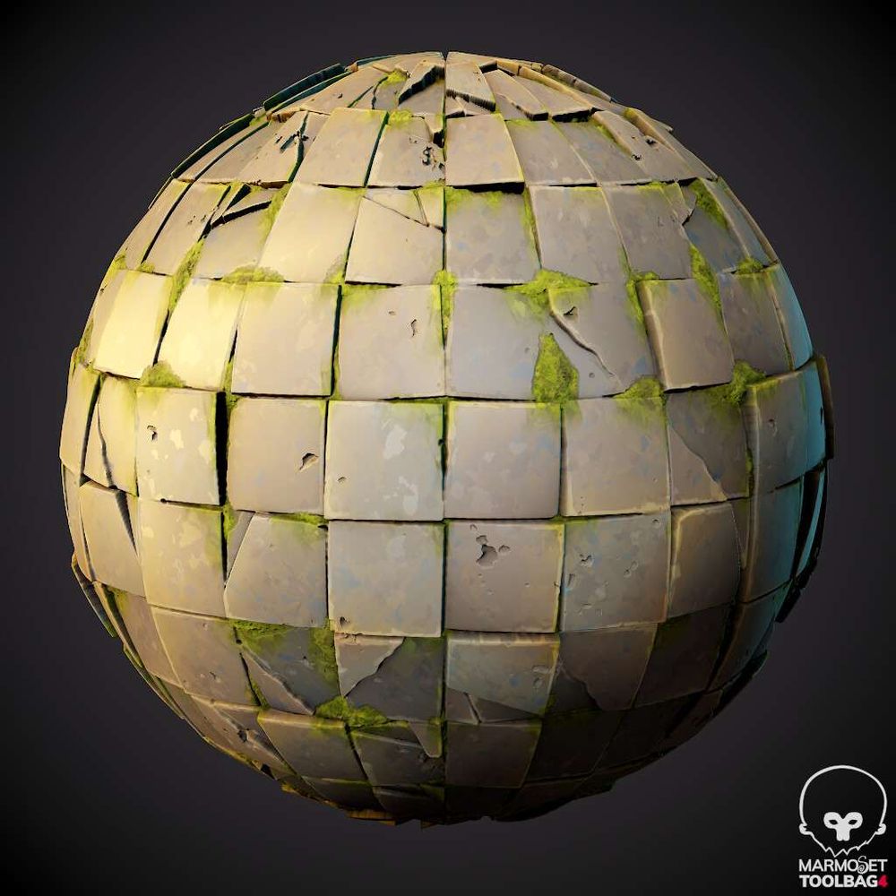 A stylized floor tile material with breaks and moss. Created in Substance Designer and Rendered in Marmoset.