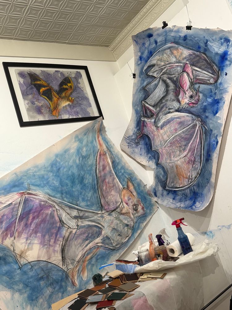 a framed drawing of a fiery bat, a five foot tall drawing of a bat, and a six foot wide in-progress drawing of a bat in the corner of a room, a small table with spray bottles and leather samples (?) in front of them