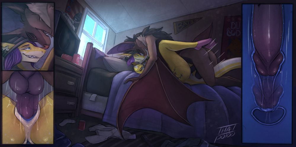 Two characters having missionary sex in a bedroom with a morning lighting coming in through a window. There are closes up their face, penetration, and internal shot.