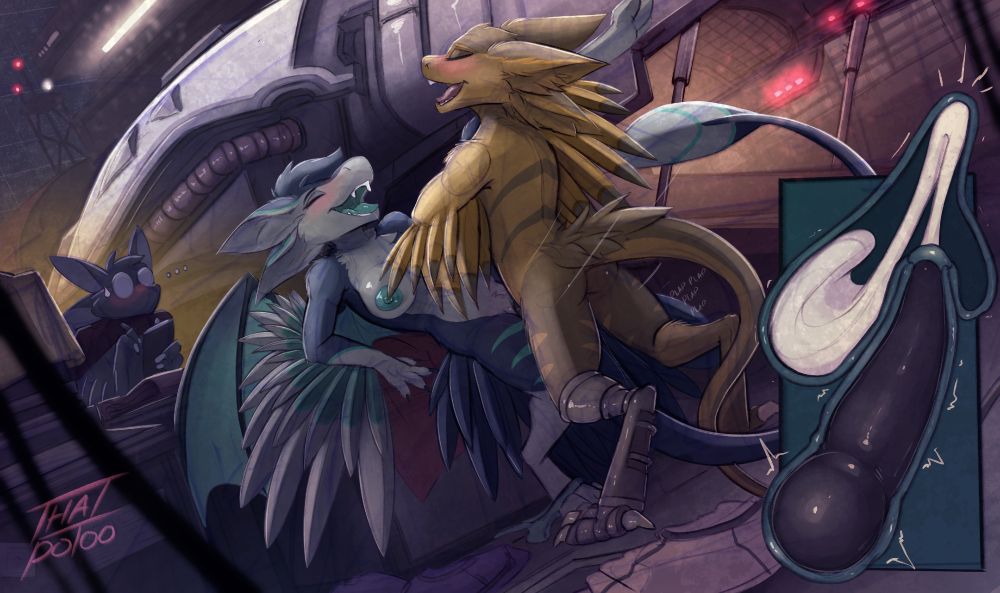 Two avali character having sex behind a few cargo crates at a spaceport while an onlooker comes across them