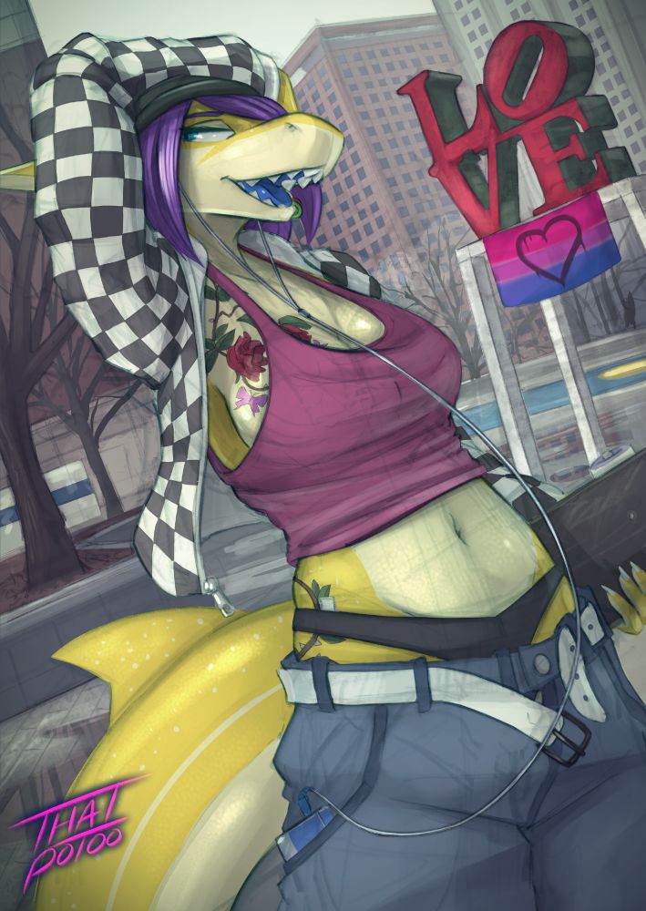 Tomboy shark named Exa Rockefeller hanging out in LOVE Park with a checkerboard jacket, pink tanktop, baggy pants with exposed panties and listening to music.