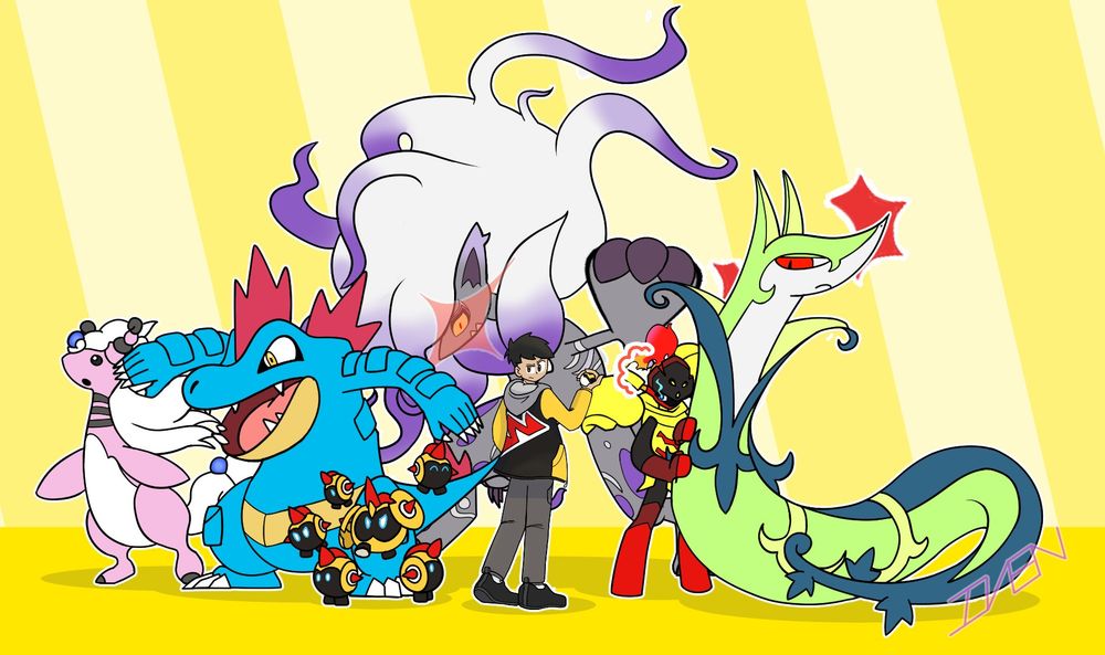 Iven's Team: Feraligatr, Falinks, Shiny Armarouge, Shiny Mega Ampharos, Shiny Serperior, and Shiny Alpha Hisuian Zoroark
