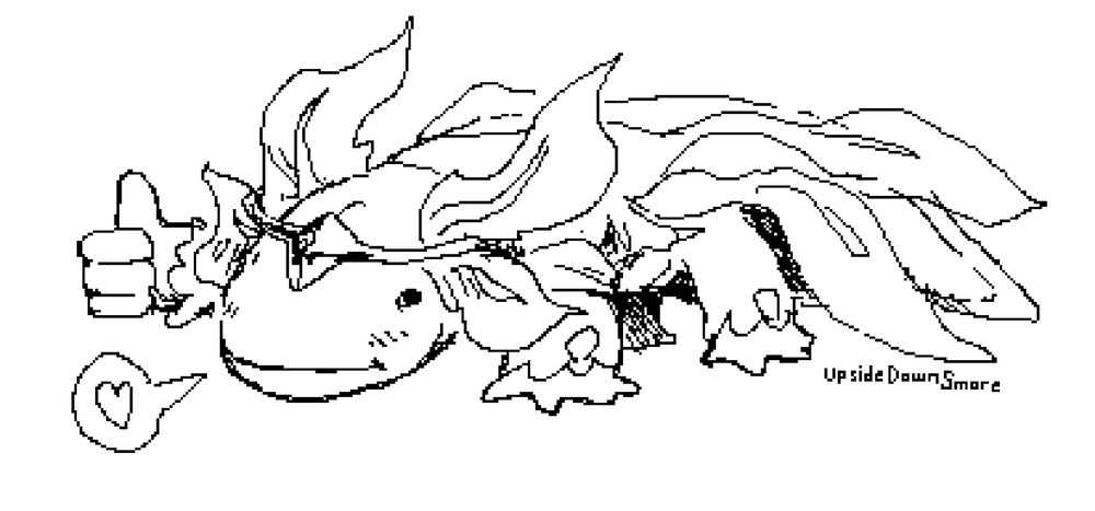 Low resolution ms paint sketch of an axolotl dressed as Yareli Prime from Warframe, giving a thumbs up and saying "<3".