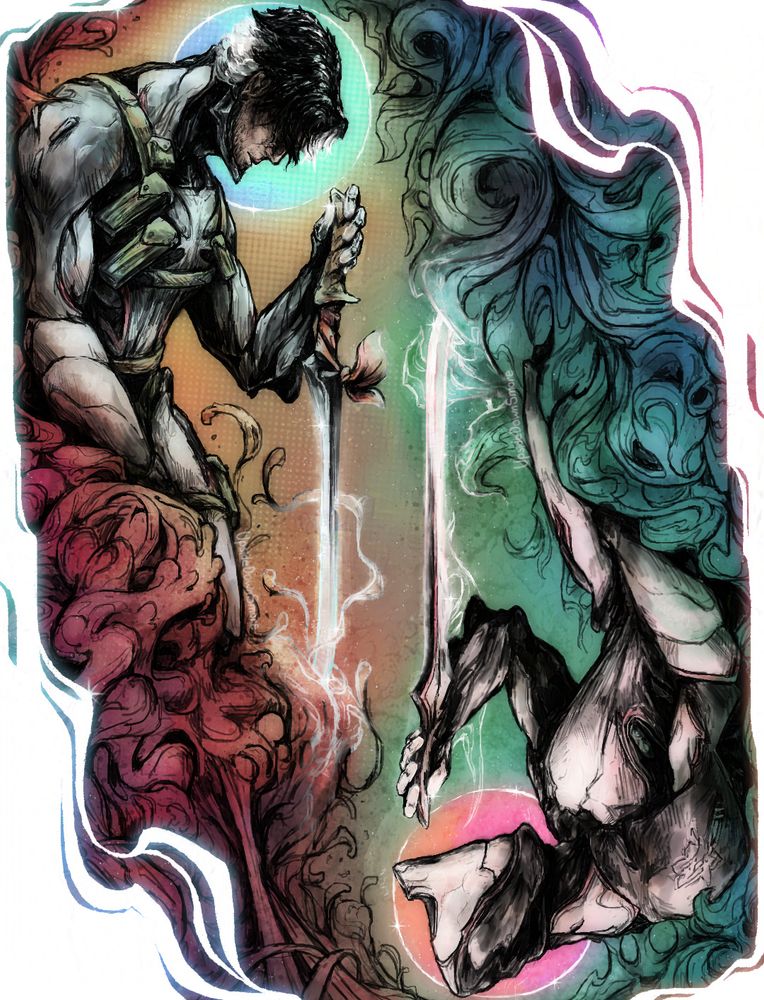 "A vision of the future. A reflection of the past.", April 2024

2nd place winner of the Warframe 11th Anniversary Contest.

A card-styled illustration of Arthur and Excalibur from Warframe mirrored from each other. Both of them are in the same pose, holding glowing swords vertically (Arthur wielding his signature blade and Excalibur with a Skana). Arthur sits in the top left upon a tangle of infested flesh, while Excalibur sits in the bottom right upon a void-warped  mass.