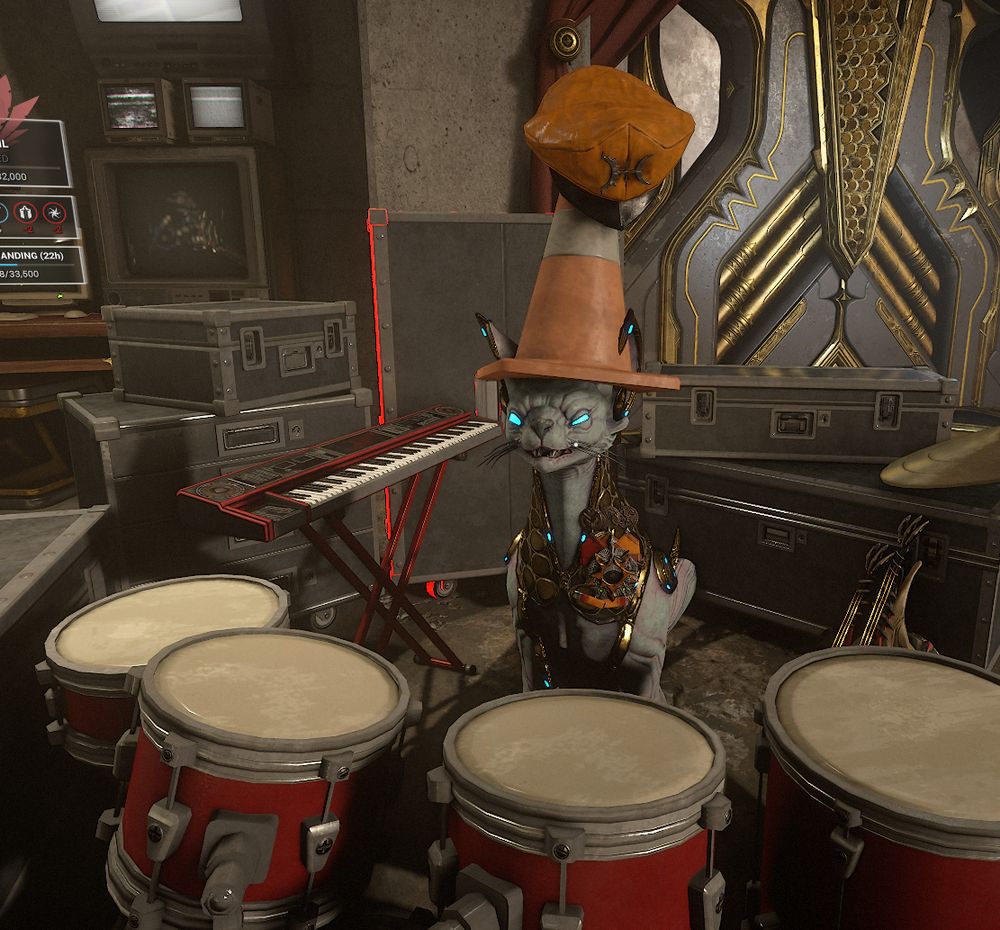 Kalymos from Warframe surrounded by musical instruments while wearing a traffic cone on her head, with the new additions of Rusalka's hat and medals from Isleweaver.