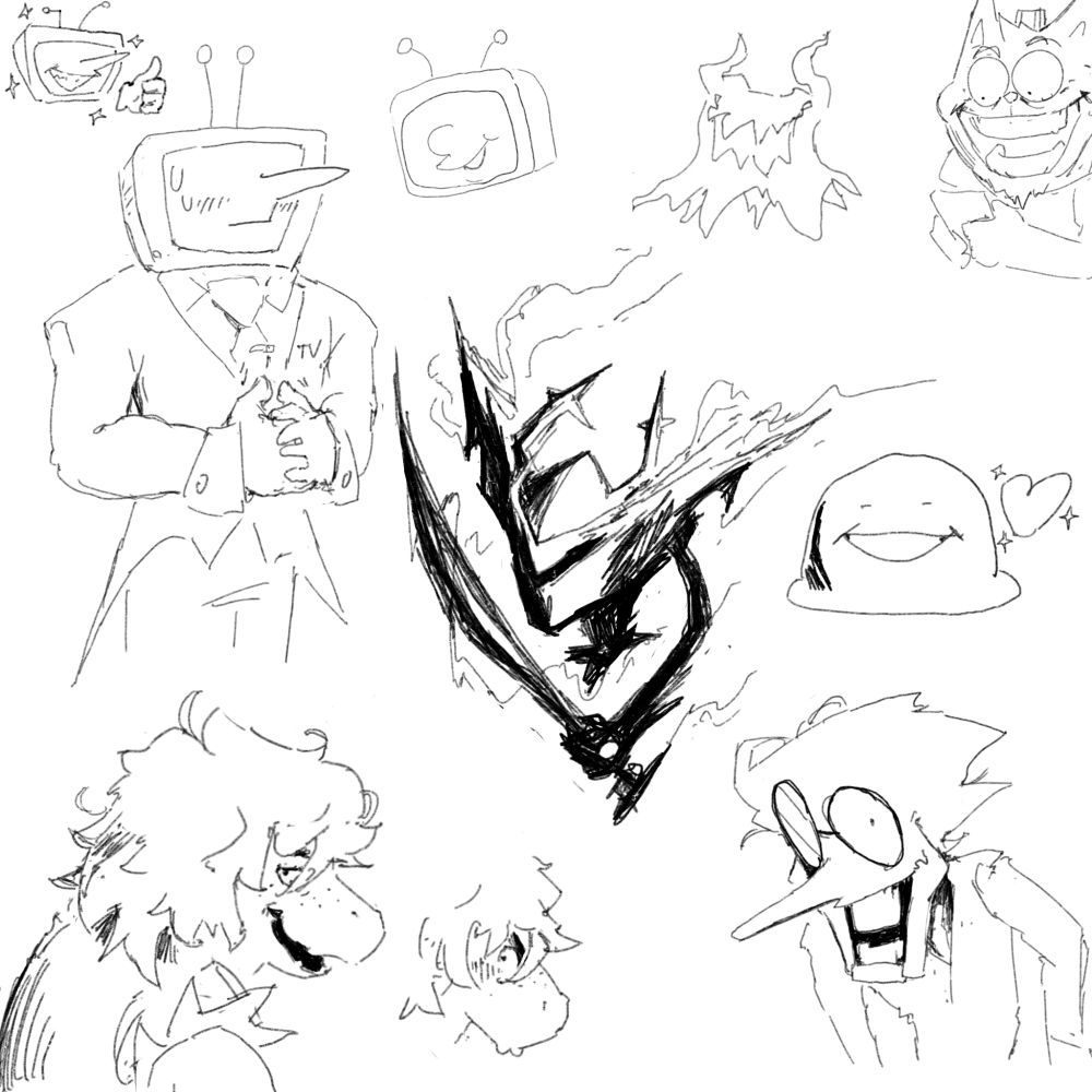 Sketch dump in Procreate of various Deltarune characters, including Tenna, Shadow Mantle Holder, Burgerpants, Nubert, Susie, The Knight, and Spamton.