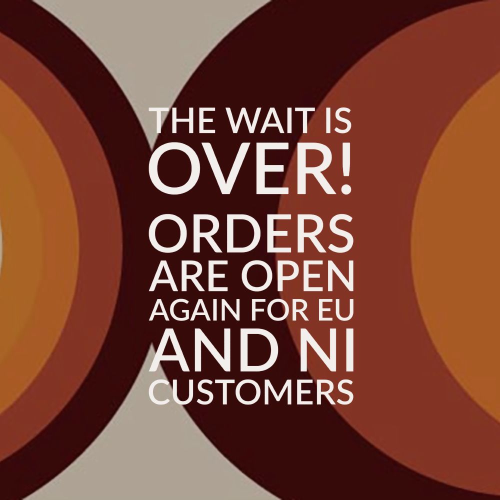 Retro pattern with the words "The wait is over! Orders are open for EU and NI customers"
