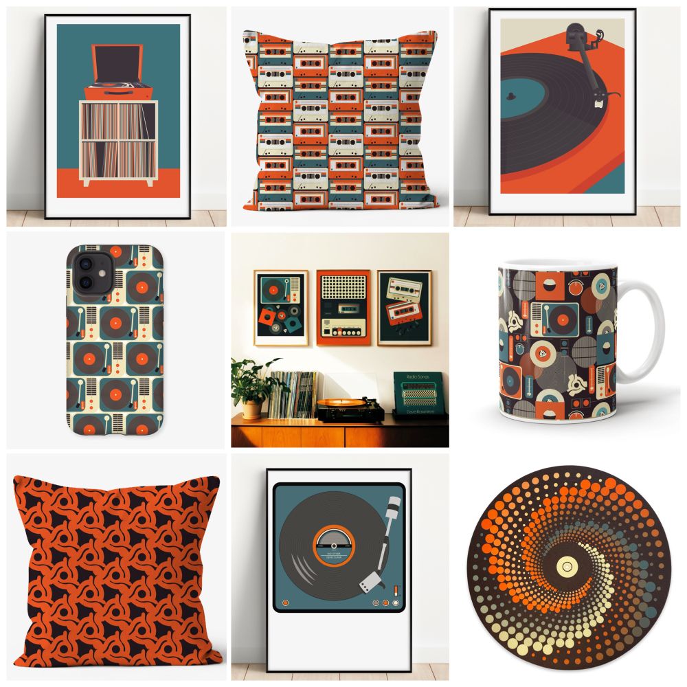 Prints, cushions, mugs and phone cases featuring music inspired designs. 