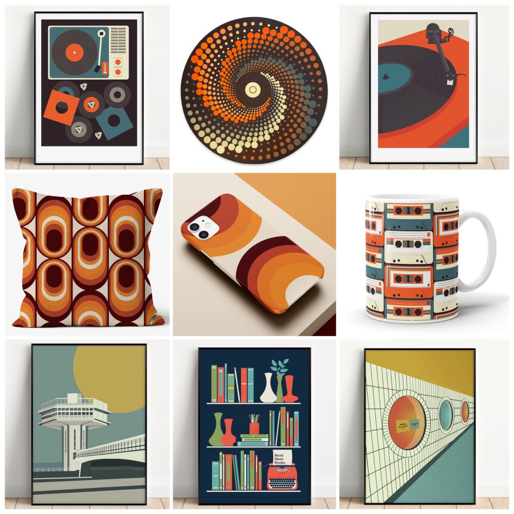 A collage of retro style items including art prints, a turntable slipmat, a cushion, a phone case and a mug, all in vintage colors.