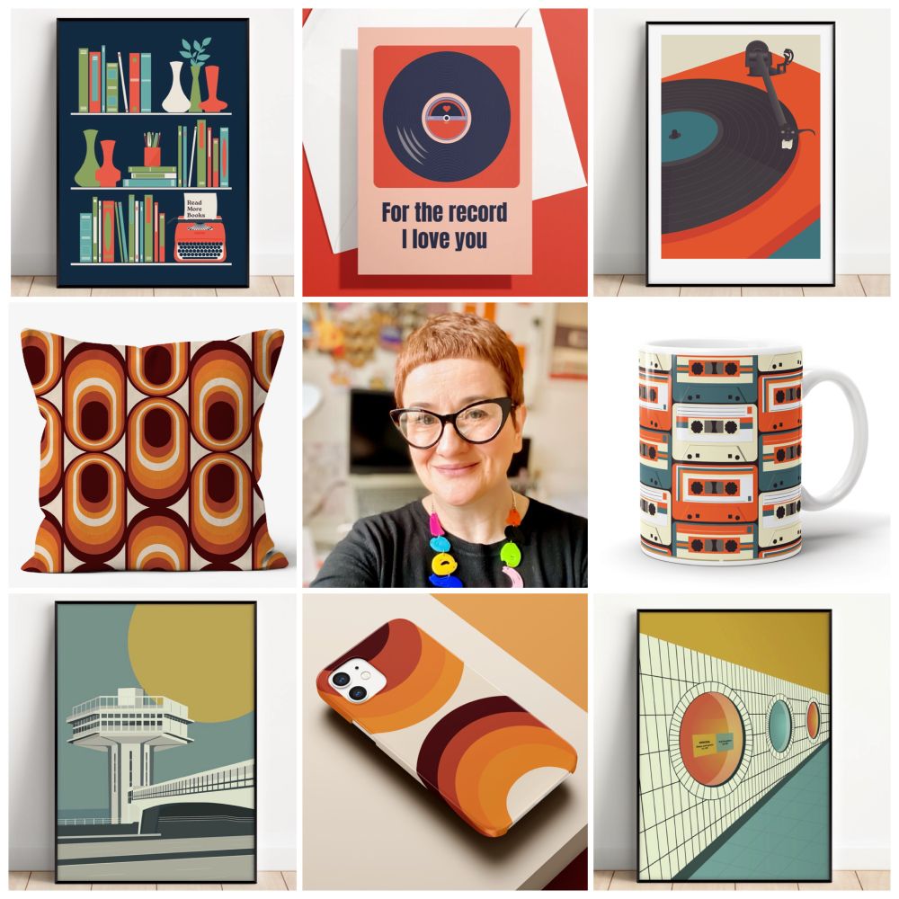 Collage of retro inspired prints and accessories, featuring geometric and music-themed designs. Includes prints with record players and architectural imagery, a cushion with a 70s inspired design, a mug with cassette tape illustration, a phone case, and a Valentine card. 