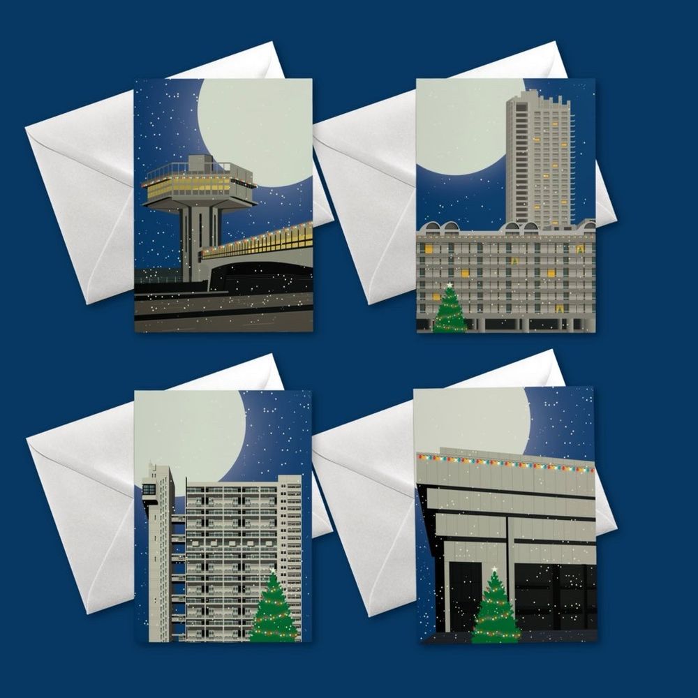 Christmas cards featuring brutalist buildings in the snow. Forton Services, Barbican, Trellick Tower and Birmingham Central Library. 