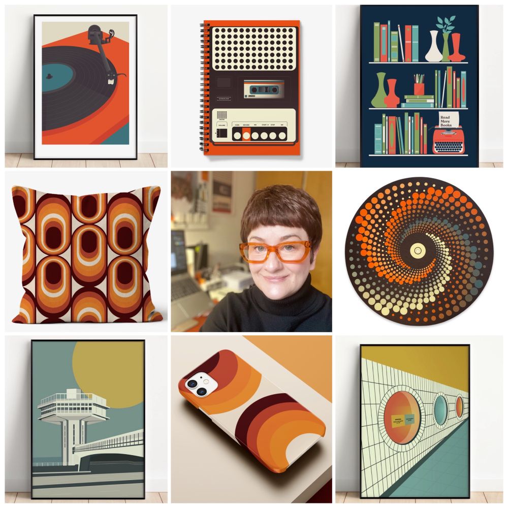 A selection of prints, a cushion, a phone case and a notebook featuring bold retro designs and a photo of Gail. 
