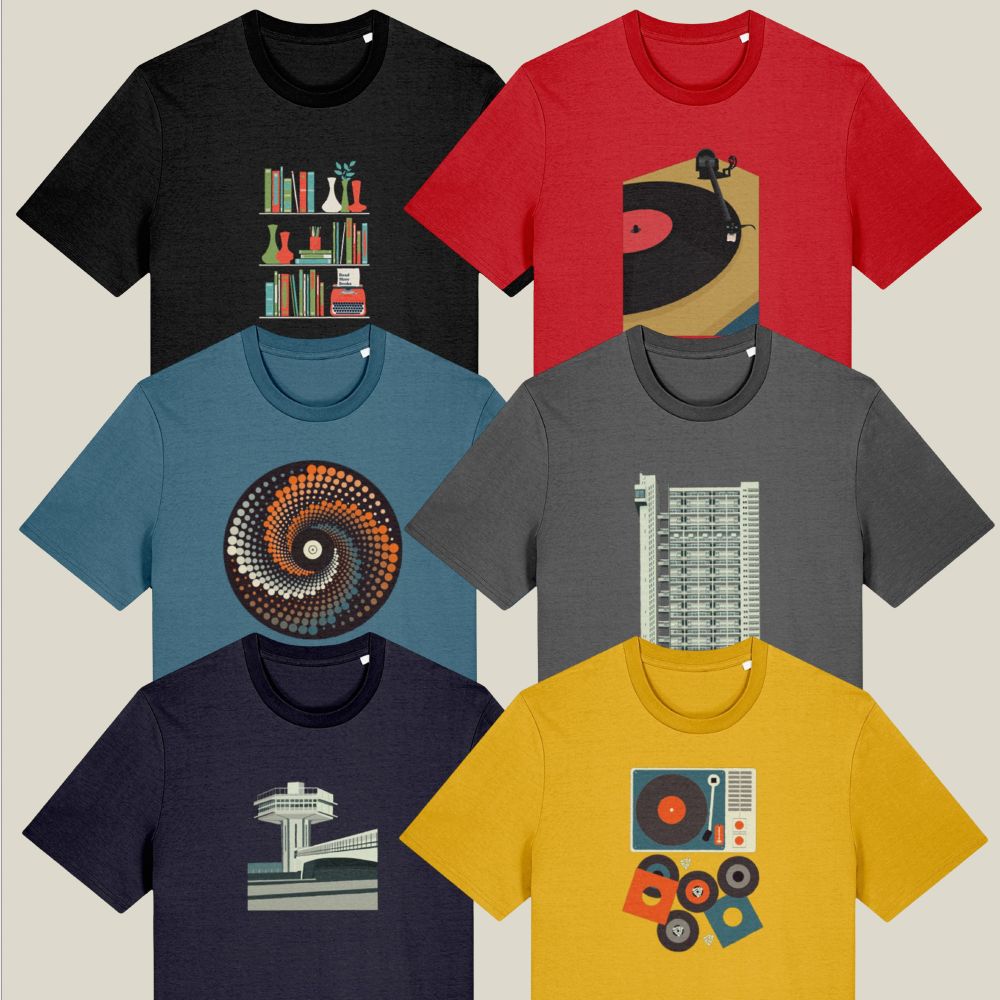Six graphic t-shirts displayed on a neutral background, each featuring designs like bookshelves, a record player, a geometric spiral and brutalist buildings.