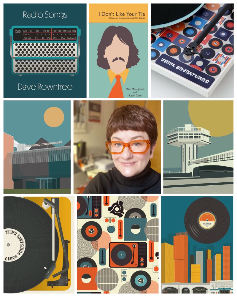 A collage featuring illustrations, an album cover design, a music book cover, modernist architecture, surface pattern design and me. 