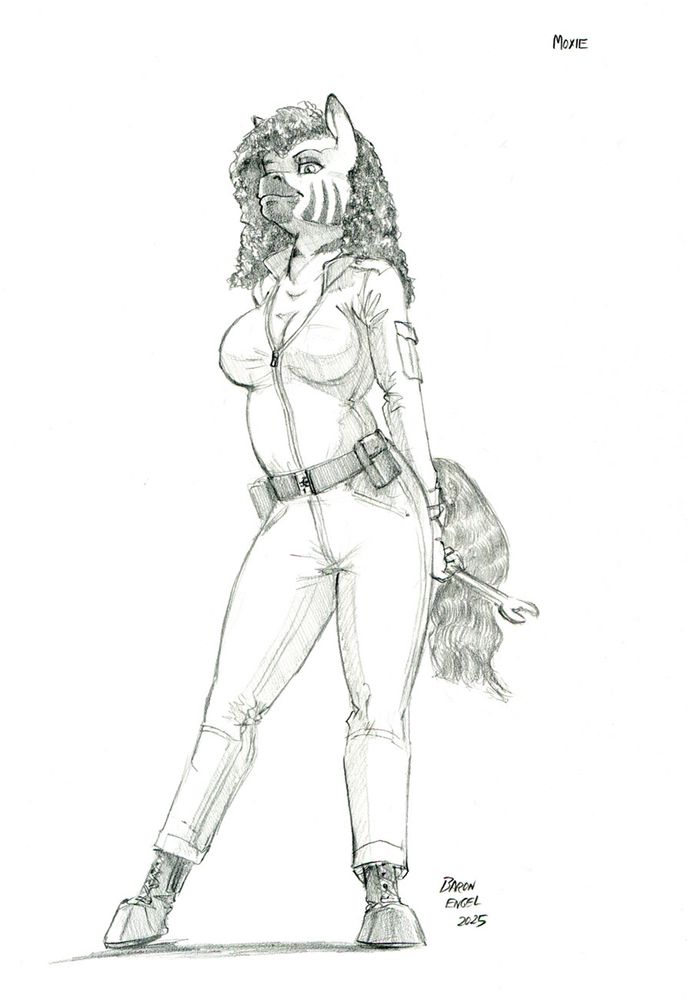 Anthropomorphic Zebra lady wearing jumpsuit and hoof boots holding a wrench.