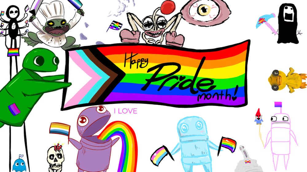 Drawing of R.E.P.O. robots and monsters holding pride flags with a giant  pride flag banner with "Happy Pride month!" written on it in the middle