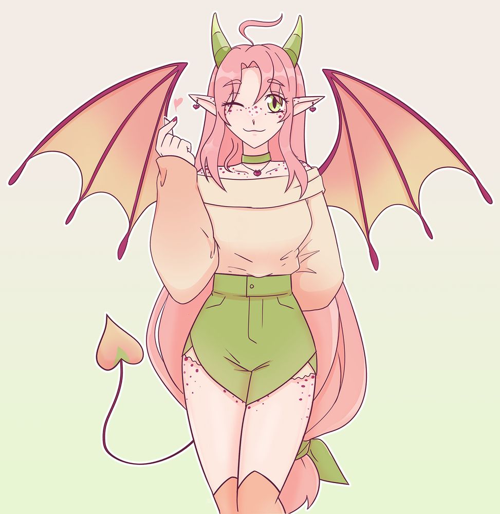 Pink demon girl making a heart sign with her right hand