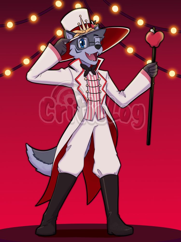 Anthro wolf-dog character posing with a white suit, an apple cane, and a top hat