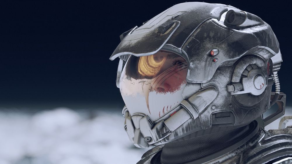 Side profile of Jessa in her spacesuit. Saturn's rings can be seen in the reflection of her helmet. 