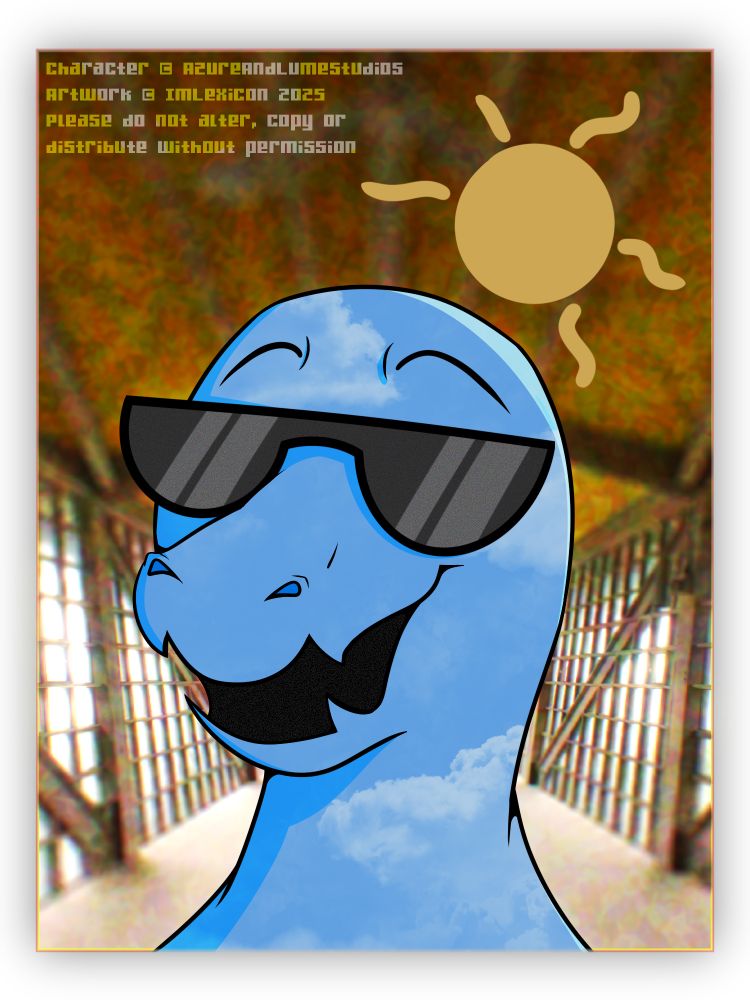A headshot of Atlas, a blue raptor with a cloud-patterned body and a cartoon Sun above his head. He is wearing sunglasses and is in front of the Infinity Room at the House on the Rock.