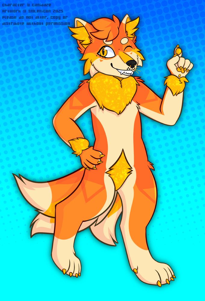 A fullbody of Sunnie, an anthropomorphic orange/gold/cream kitsune winking and somewhat striking a pose on a blue gradient-halftone background. He has three tails and digitigrade legs. Their inner ears, neck fluff, wrist fluff, groin, and bottom part of the top tail are gold and glittery.