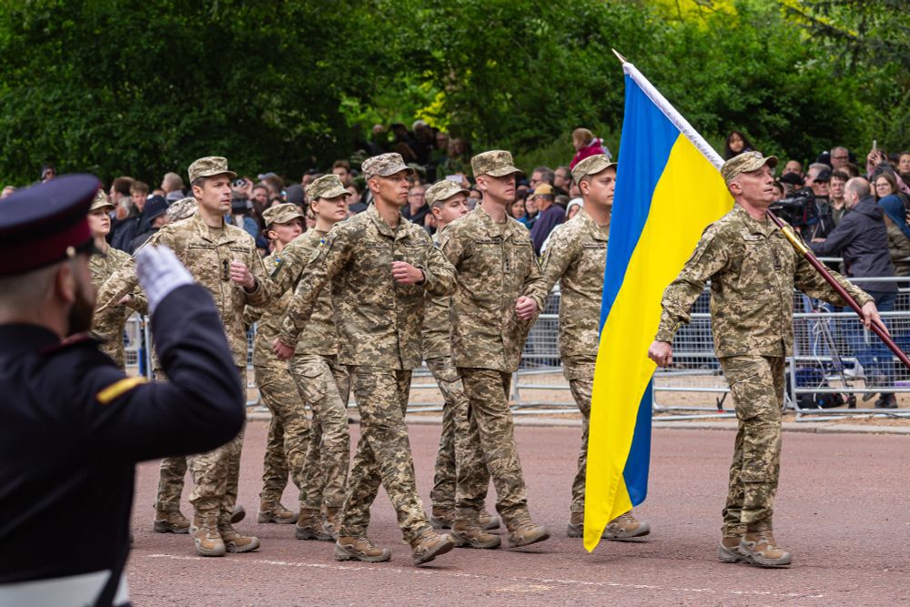 Ukrainian soldiers parade in London to celebrate VE Day.