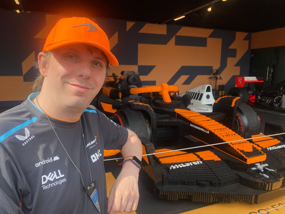Posing with the full-sized LEGO car from Miami.