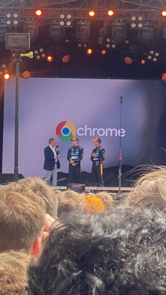 Martin Brundle, Oscar Piastri & Lando Norris at the unveiling of the Chrome Livery.