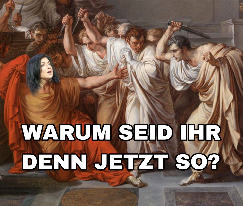 Gemälde: die letzten Worte von Cäsar 

das Gesicht von Katherina Reiche ist auf Cäsar montiert. 

"warum seid ihr denn jetzt so?"
