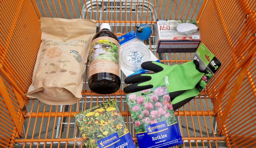 baumarkt einkaufswagen mit:

aqurium pumpe 
schlauch 
sprudelstein 
gartenhandschuhe 
flasche effektive mikroorganismen 
tüte urgesteinsmehl 
samentütchen für gründüngung 