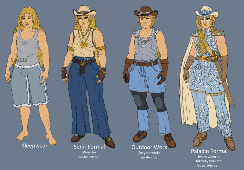 Art of the character Cenryx Ashtil (he/him) in four different outfits. 

The first outfit is labeled "Sleepwear" and features Cenryx in a light grey tank top and grey shorts with white trim. His long blond hair is down and unstyled, and he is wearing no other accessories.

The second outfit is labeled "Semi-formal (Worn for social events) and features Cenryx in a sleeveless wrap-shirt that is pale yellow with blue trim around the arm holes. He's wearing a cowboy hat that matches the same pale yellow of his shirt and high-waisted loose blue slacks.  His pants are held by a braided belt with a sun buckle that allows the individual strands of the braid to dangle down decoratively. He is also wearing brown fingerless cloves and brown mens' shoes. He is wearing various bits of jewelry with blue and orange gems, with the orange jewelry using various sun motifs. His long hair is unstyled.

The third outfit is labeled "Outdoor Work (for yard work/gardening)" Cenryx is wearing a sleeveless laced grey tank top that is slightly transparent, light blue jeans with a studded belt grey knee pads, brown leather work boots, leather garden gloves, and a matching cowboy hat. His long hair is tied back in a pony tail behind his back. 

The last outfit is labeled "Paladin Formal (worn when he formally finalized his paladin oath)". Cenryx is wearing a slightly military-style formal outfit--a light blue skirted tunic with a frilled lining,   patterned epaulets with a pale yellow half cape attached to the right epaulet, and neatly ironed light slacks with creases down the front of the legs. He has his sword belted to his waist and is wearing elbow-length leather gloves and mens' shoes, and is wearing a cowboy hat the same pale yellow color as the cape. The tunic, slacks, and hat are elaborately embroidered with white floral/leaf patterns. Cenryx's hair is curled and tied into a ponytail resting over his shoulder on his chest, and he has curled side locks framing his face.