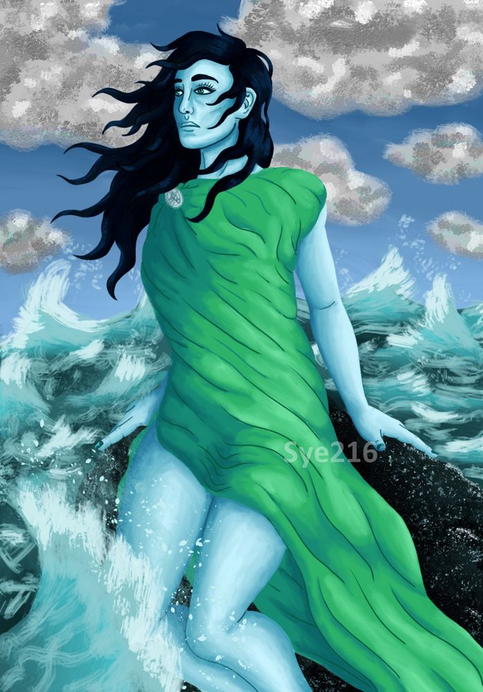 Digital painting of a character sitting on a rock amidst churning seas. There are clouds in the skies above her. The character in question is a woman, and she has dark blue-black hair and pale bluish skin. She is wearing a green toga pinned together by a silver pin. There is a wave crashing against the side of the rock she's sitting on, and she's looking off into the middle distance contemplatively. 