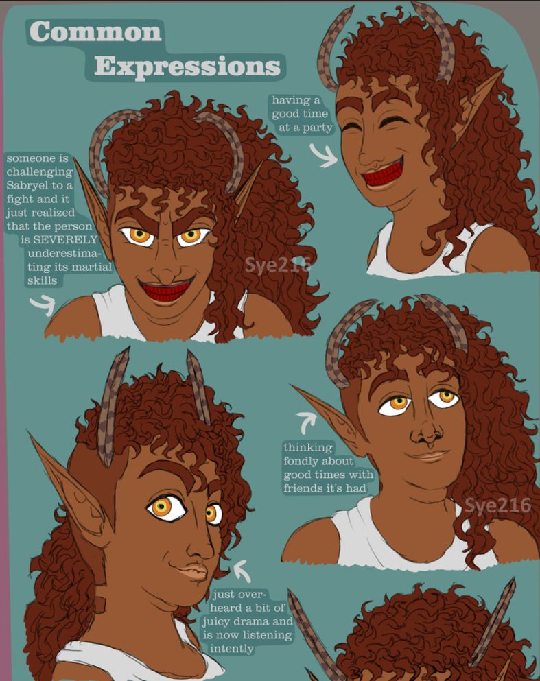 Detail shot of Sabryel's reference sheet, showing half of the "Common expressions" sheet. There are four expressions visible in this crop:

The first shows Sabryel grinning happily with closed eyes, and is labeled "having a good time at a party."

The second shows Sabryel grinning more aggressively, head tilted forward and brows furrowed, and is labeled "someone is challenging Sabryel to a fight and it just realized that the person is SEVERELY underestimating its martial skills."

The third one shows Sabryel smiling more faintly and looking off into the distance, and is labeled "Thinking fondly about good times with friends it's had."

The fourth shows Sabryel turning his head toward the viewer with a curious smile, eyes wide and lips slightly pursed, and is labeled "Just overheard a bit of juicy drama and is now listening intently."