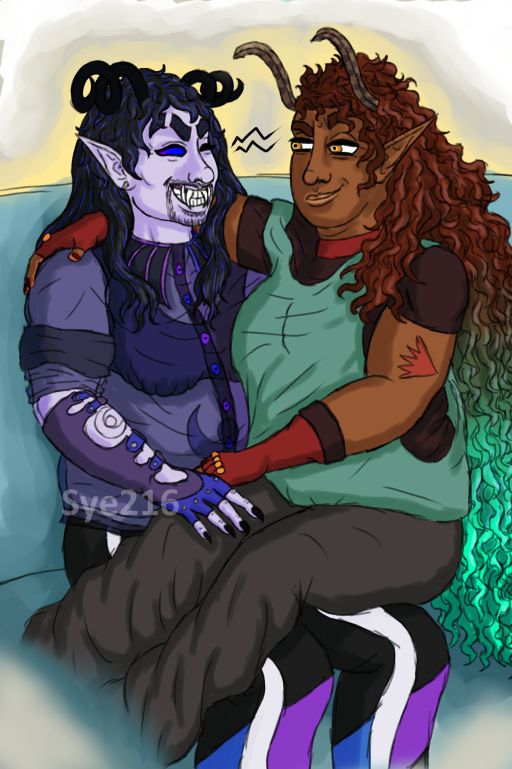 Second panel of a comic of OP’s two original characters. In this panel, Syrge has turned to Sabryel and is grinning at it as if he'd just made a snarky joke at them, and Sabryel, still in Syrge’s lap, is giving Syrge an amused side-eye with a raised eyebrow and slight smirk, not fully turned towards it.