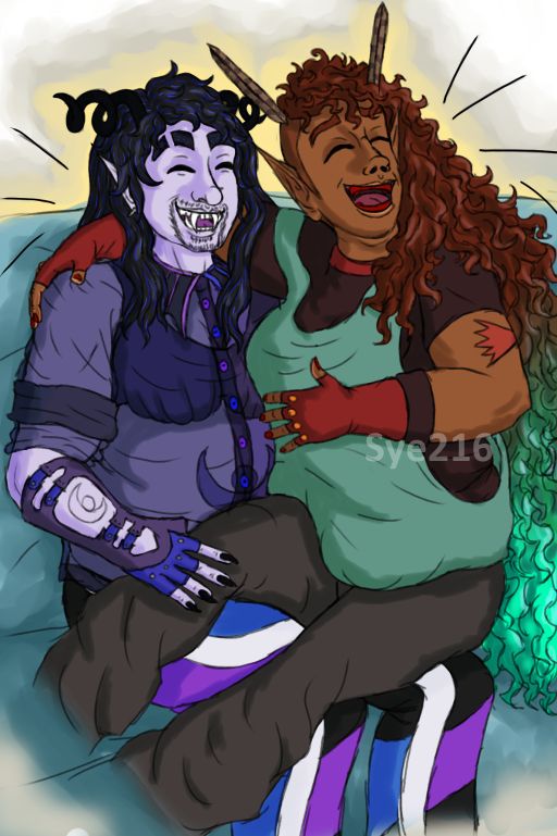 Three panel comic of the OP's two original characters, Syrge Ibarae (he/it pronouns) and Sabryel MacLeod (it/they/he pronouns). The comic is broken into three images in this post, and this image is the first panel. Syrge and Sabryel are sitting on a light blue couch, with Sabryel sitting sideways in Syrge’s lap, and they are both laughing at something said off-screen. 