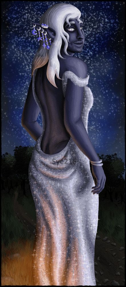 Calf-up digital painting of the D&D PC Sebylen Comara. They are a drow, with dark navy skin, silver eyes, and white hair. They are wearing a sparkly silver dress, silver bracelets, and many earrings, turned to look over their shoulder at the viewer with a gentle smile as if looking back at them while walking. The background shows a grassy plain that eventually turns into a forest, and a starry night sky with bluish nebulae that halo the upper half of Sebylen's body. The lighting is soft moonlight, as well as an orange glow from the bottom left as if cast by a lantern or torch.